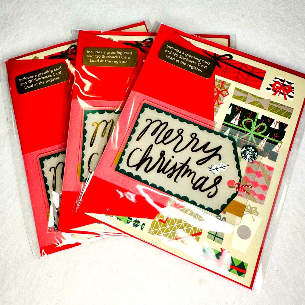 3 Starbucks "Merry Christmas" gift cards and greeting cards set from‎ 2016.